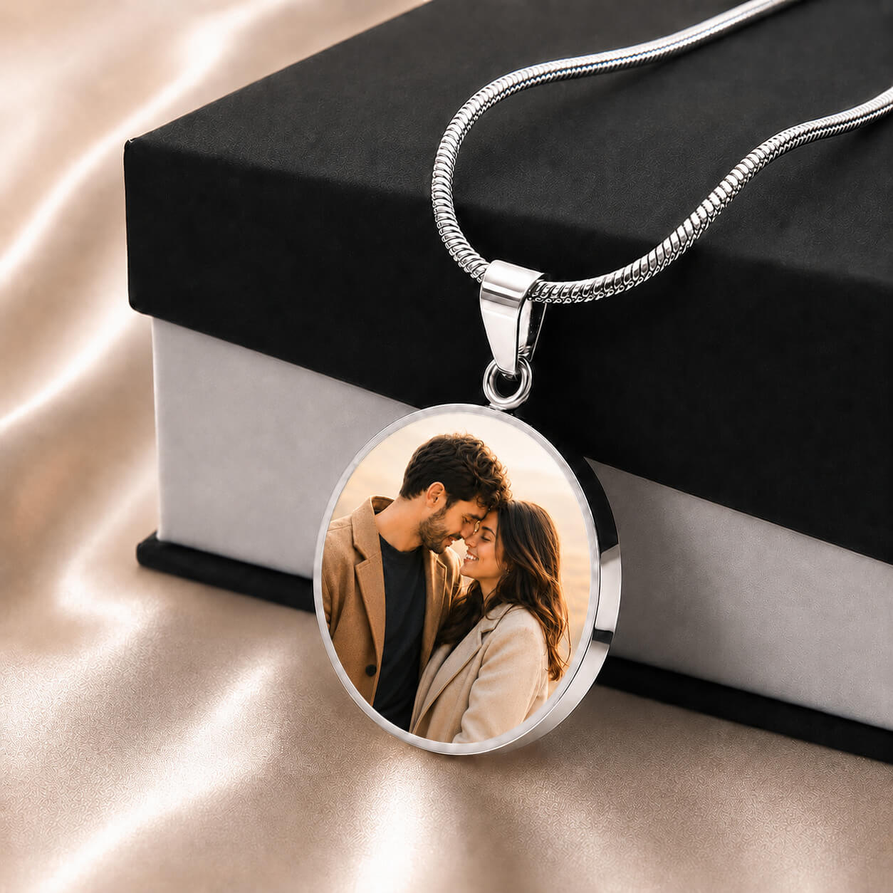 Personalized photo circle necklace in silver with standard gift box