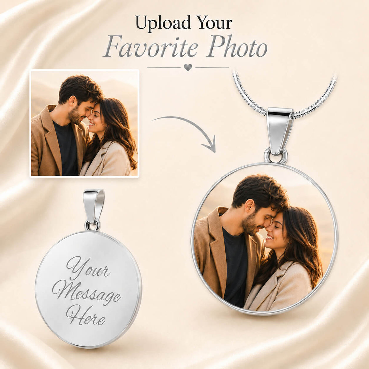 Personalized photo circle necklace in silver with upload photo and back engraving option