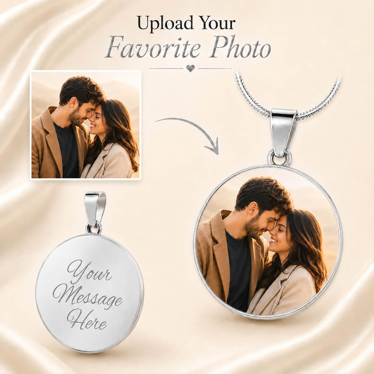 Personalized photo circle necklace in silver with upload photo and back engraving option