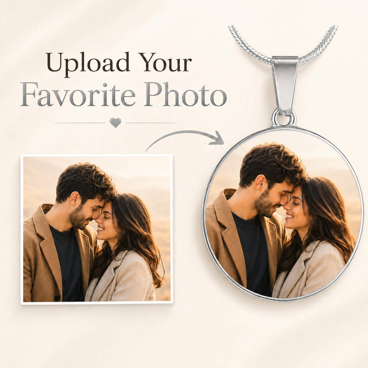Personalized photo circle necklace in silver showing photo upload