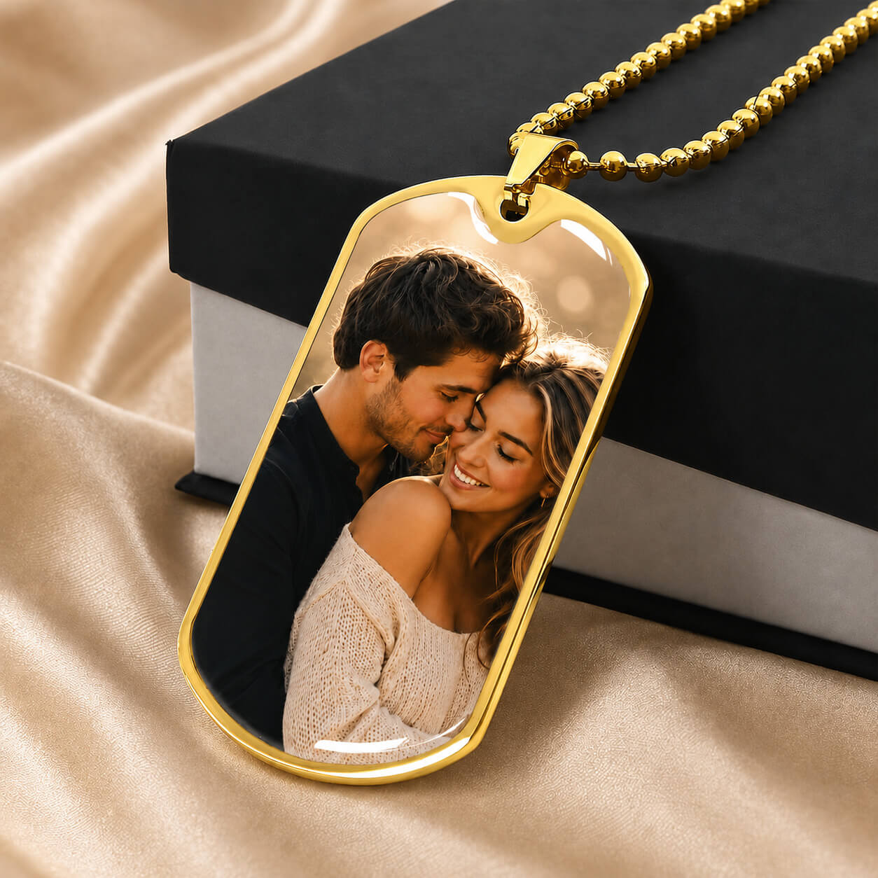 Personalized photo dog tag necklace in gold with standard gift box