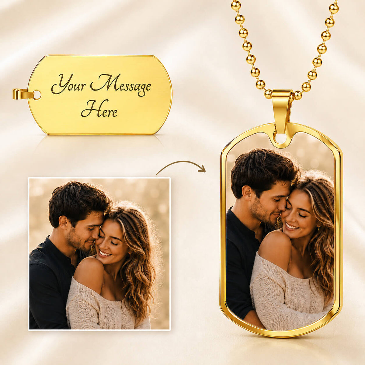 Personalized photo dog tag necklace in gold with photo upload and back engraving option