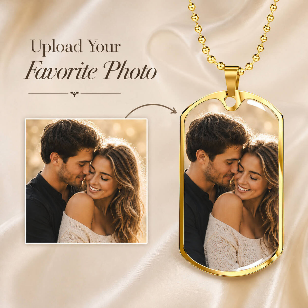 Personalized photo dog tag necklace in gold showing photo upload