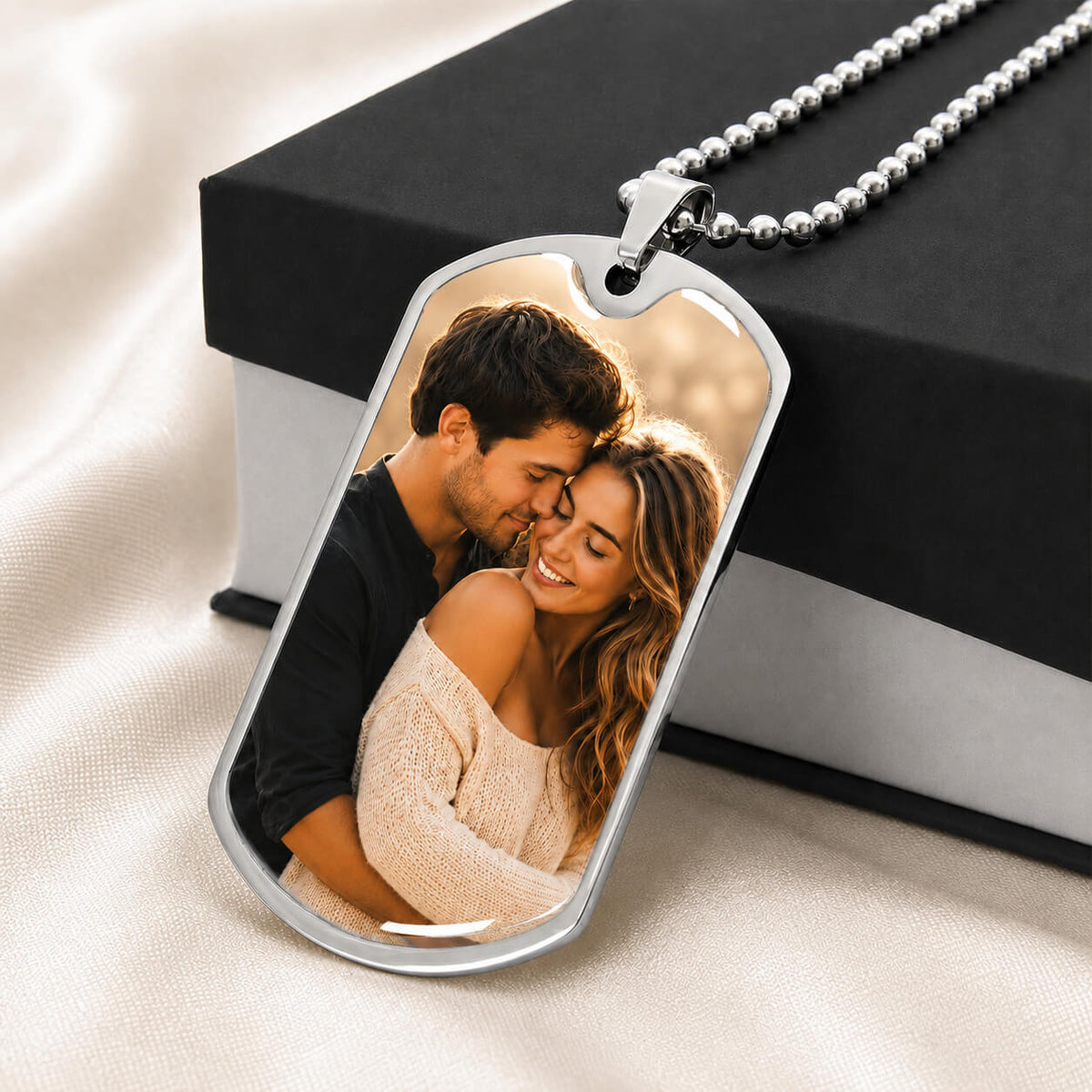 Personalized photo dog tag necklace in silver with standard gift box