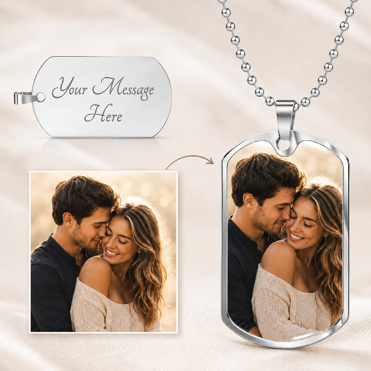 Personalized photo dog tag necklace in silver with photo upload and back engraving option
