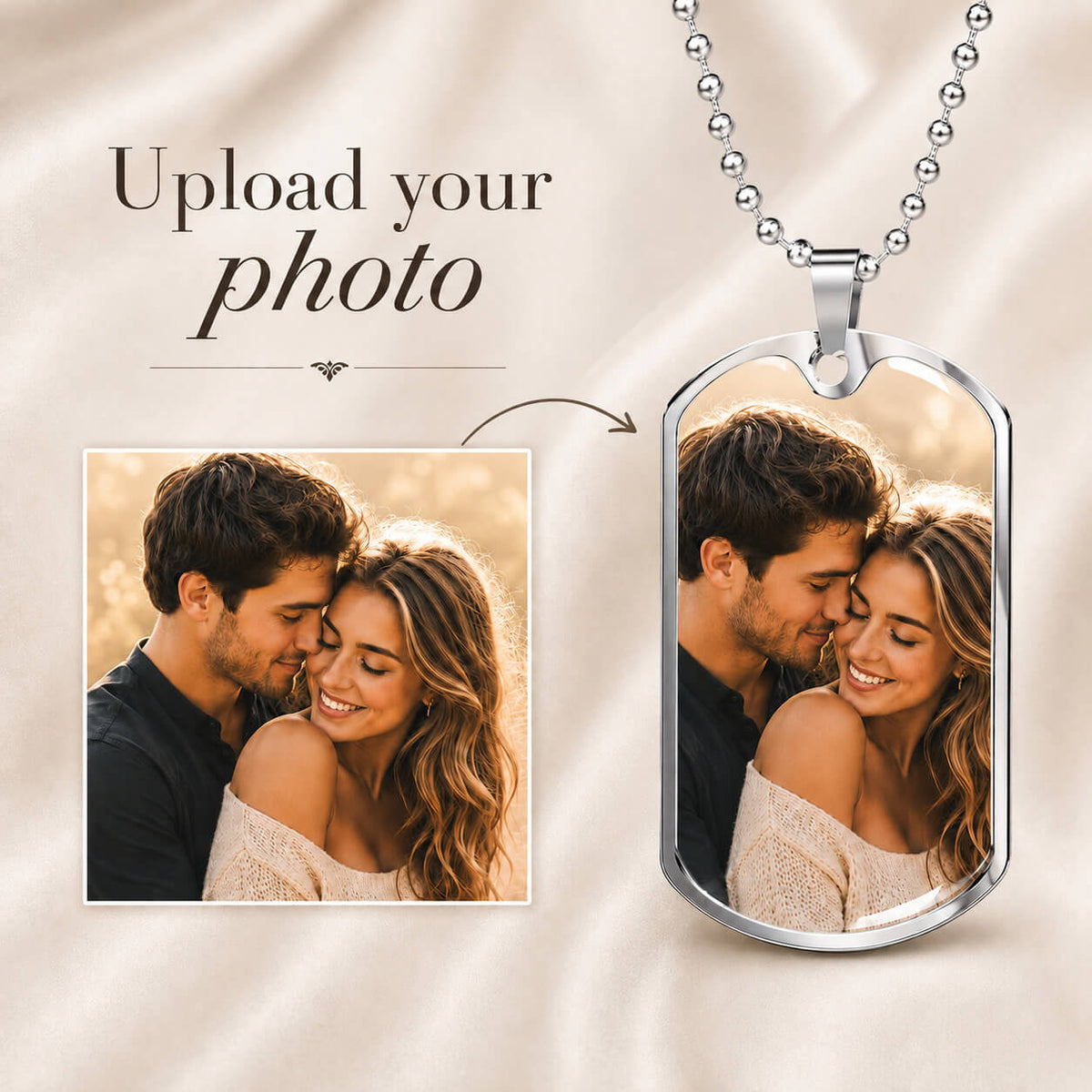 Personalized photo dog tag necklace in silver showing photo upload