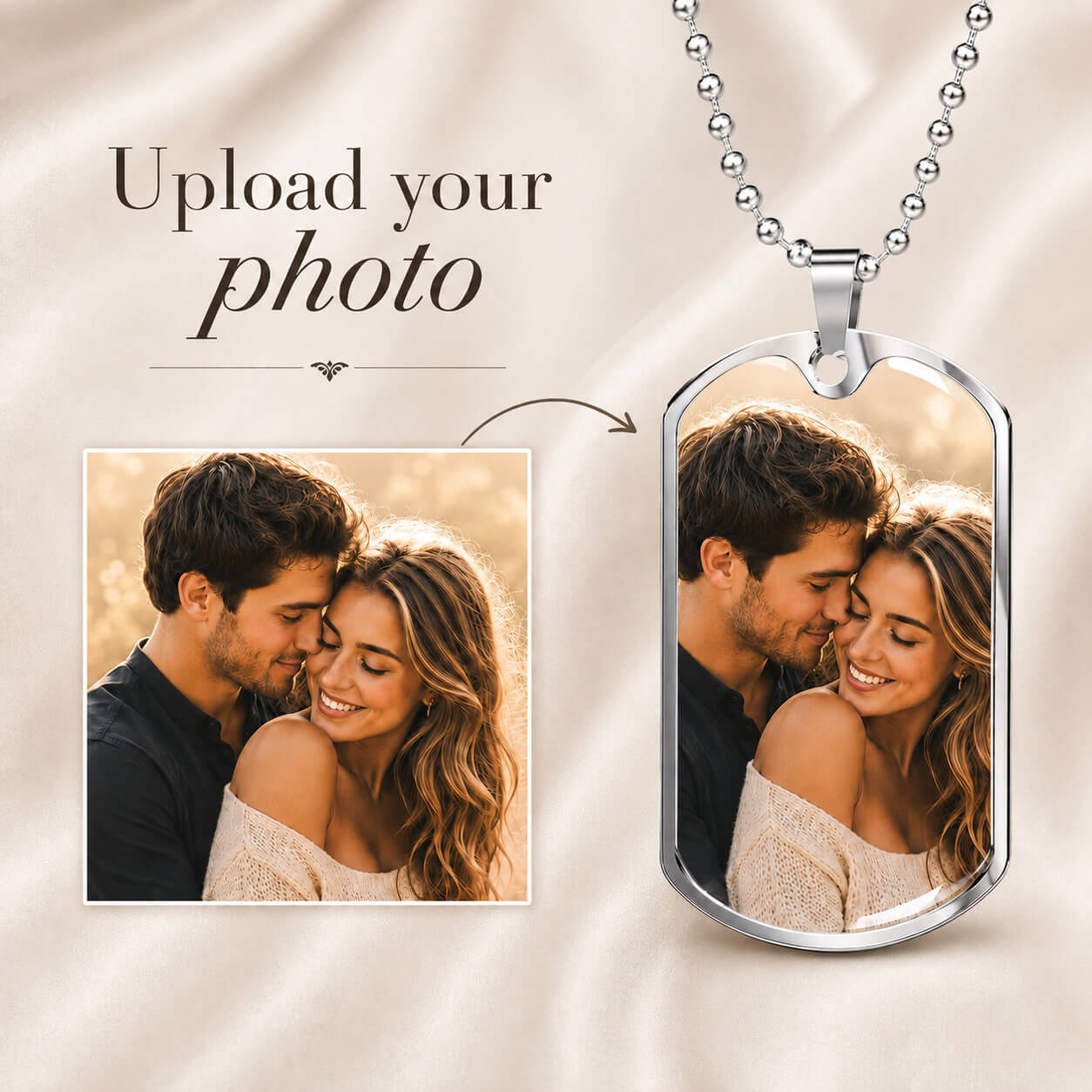 Personalized photo dog tag necklace in silver showing photo upload