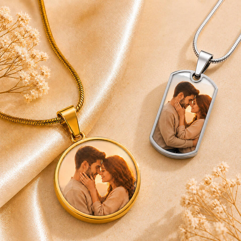 Personalized photo necklaces featuring a gold circle pendant and silver dog tag with custom couple photos