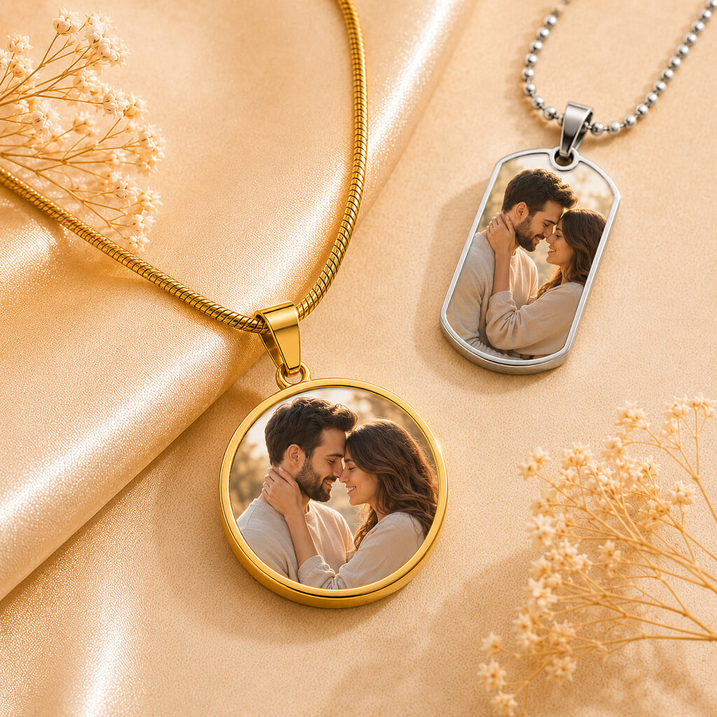 Personalized photo necklaces featuring a gold circle pendant and silver dog tag with custom couple photos