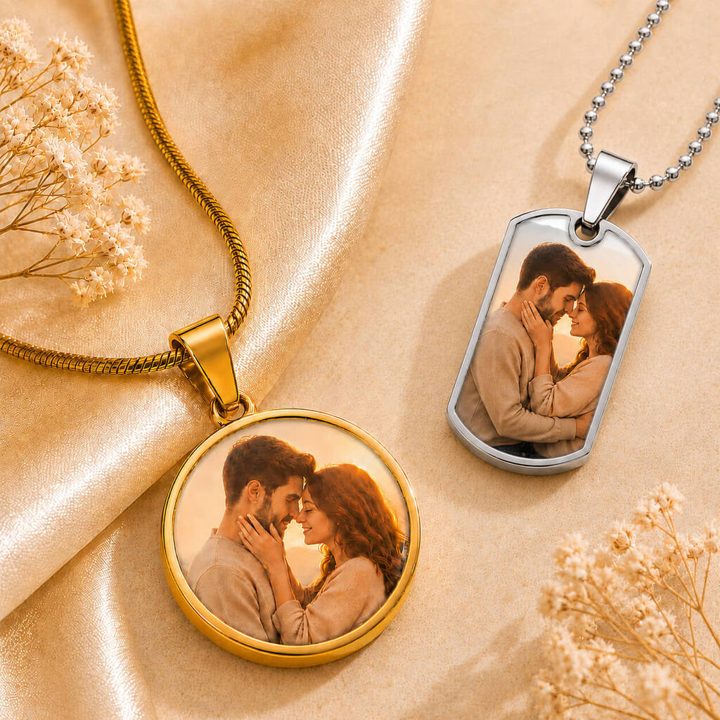 Personalized photo necklaces featuring a gold circle pendant and silver dog tag with custom couple photos