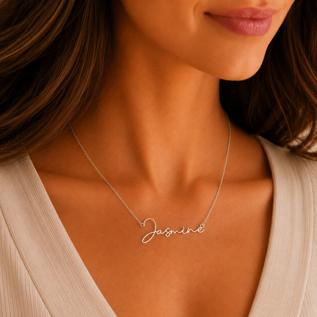 Close-up of personalized signature name necklace in silver worn by a woman