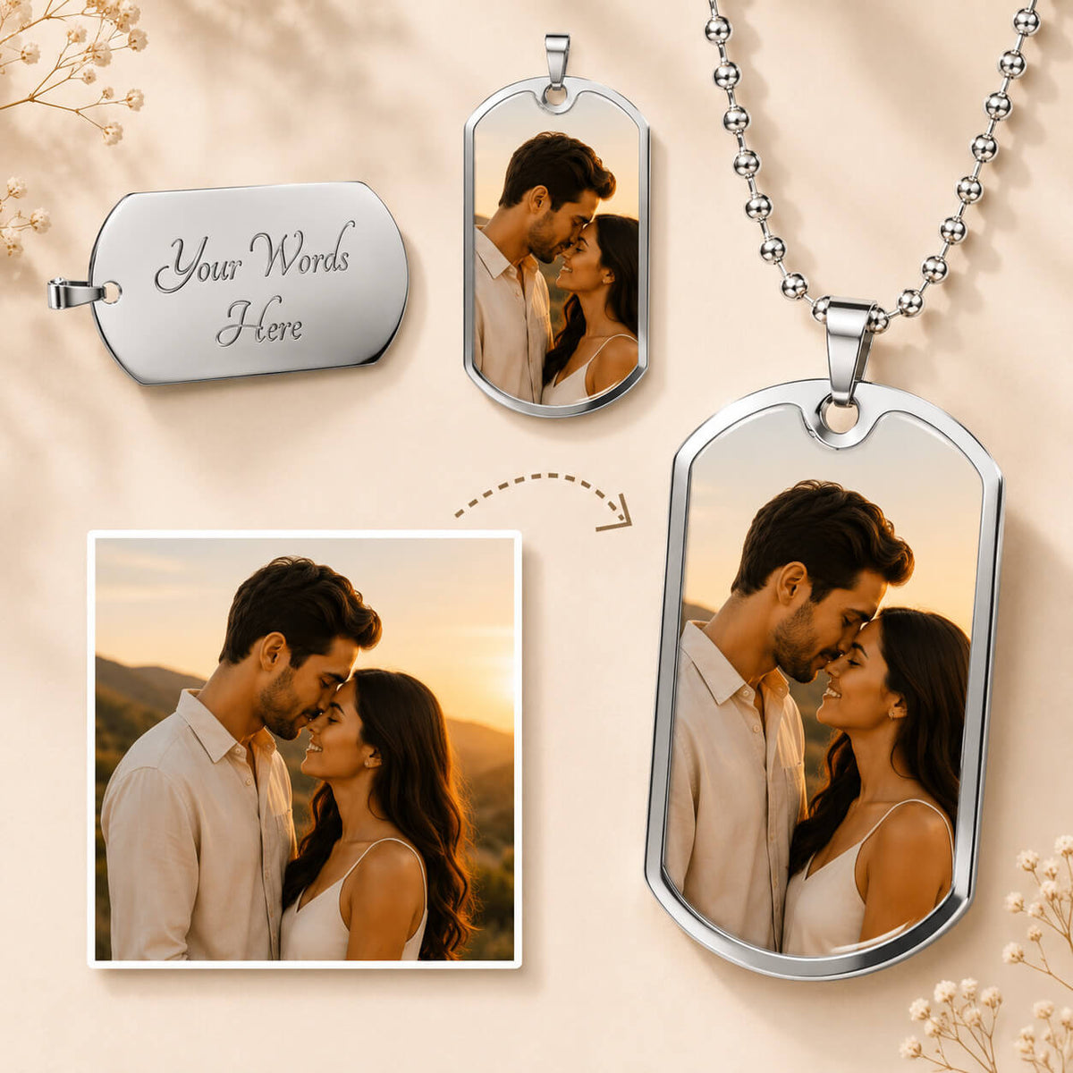Silver personalized dog tag photo necklace with custom engraving and couple portrait