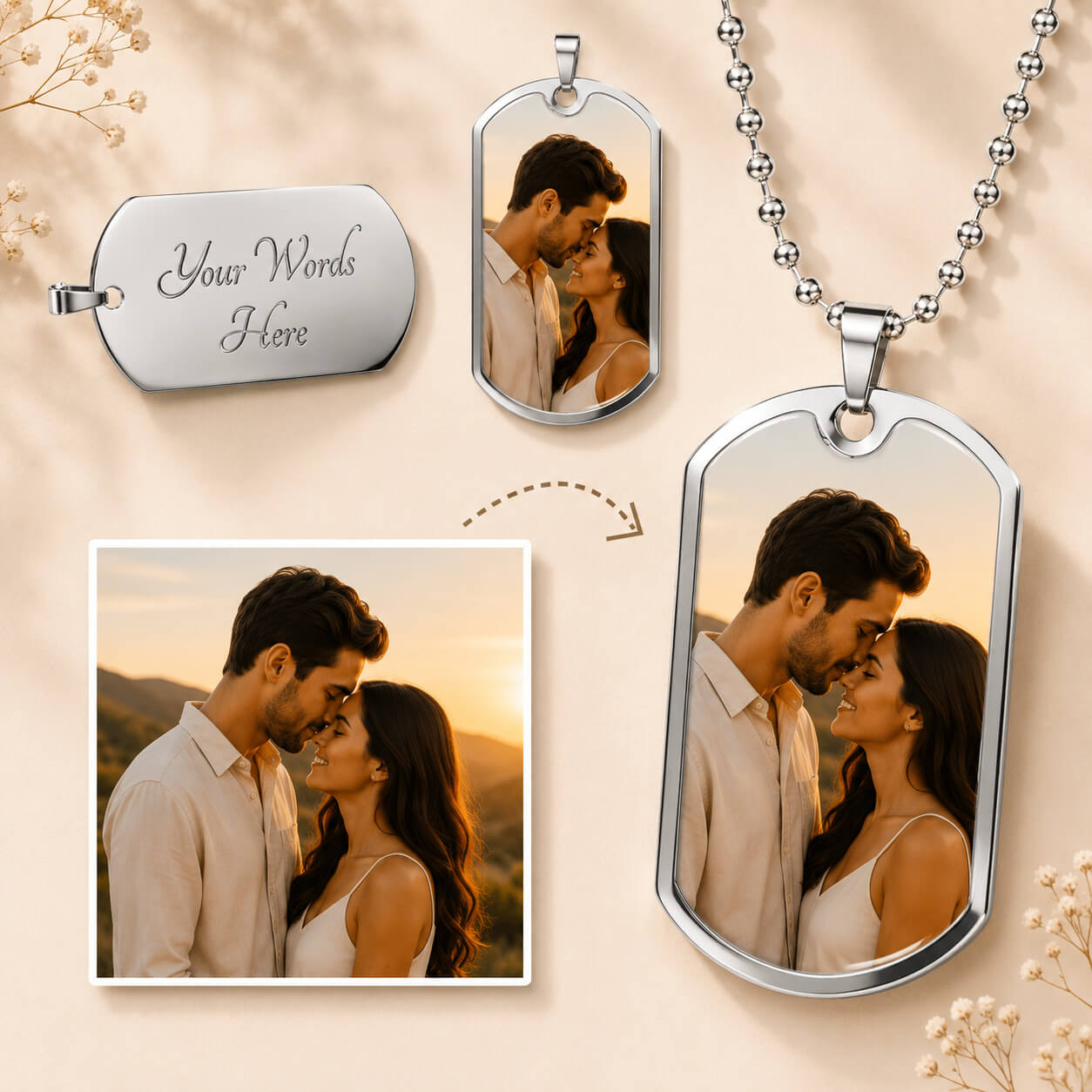 Silver personalized dog tag photo necklace with custom engraving and couple portrait