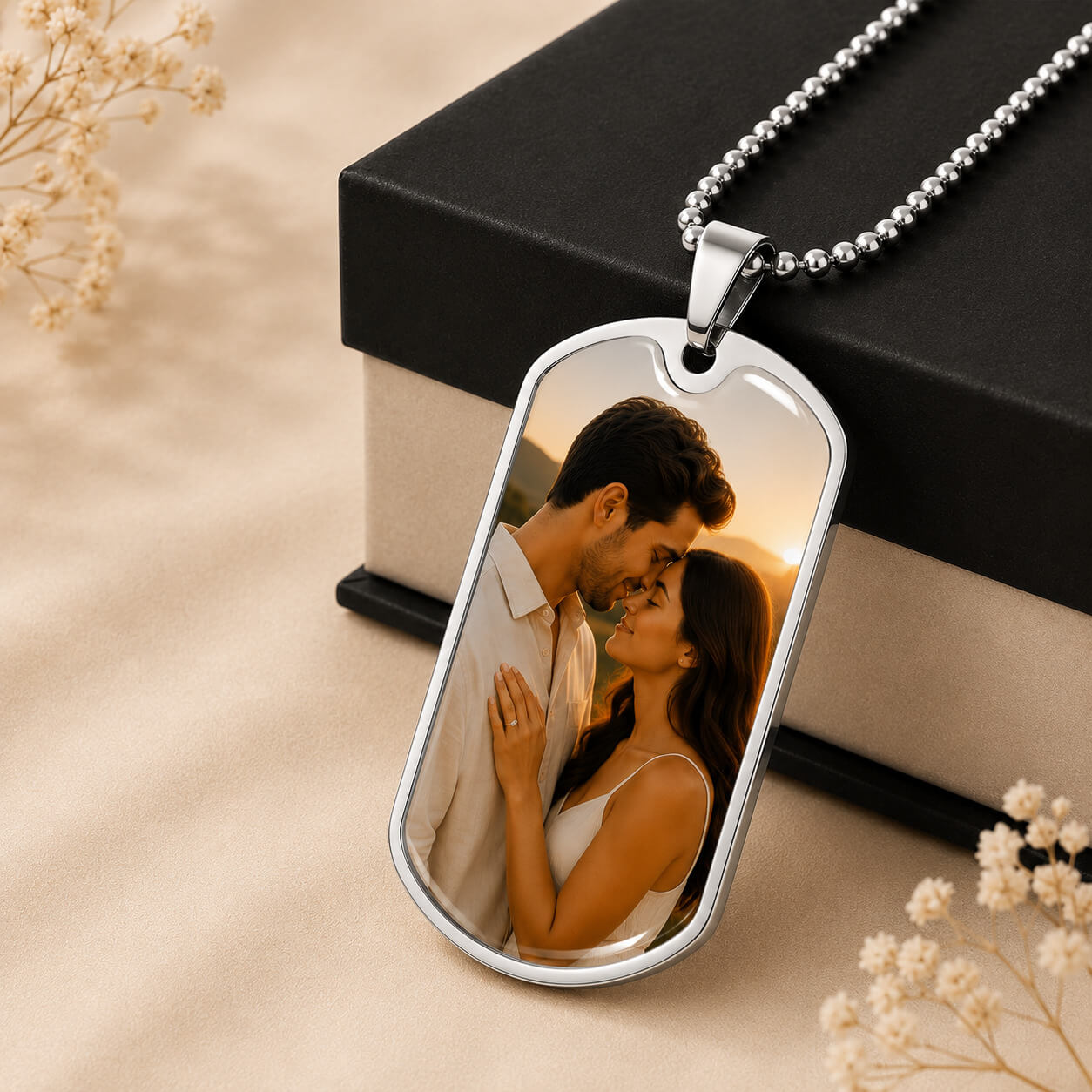 Silver personalized dog tag photo necklace with couple portrait displayed beside gift box