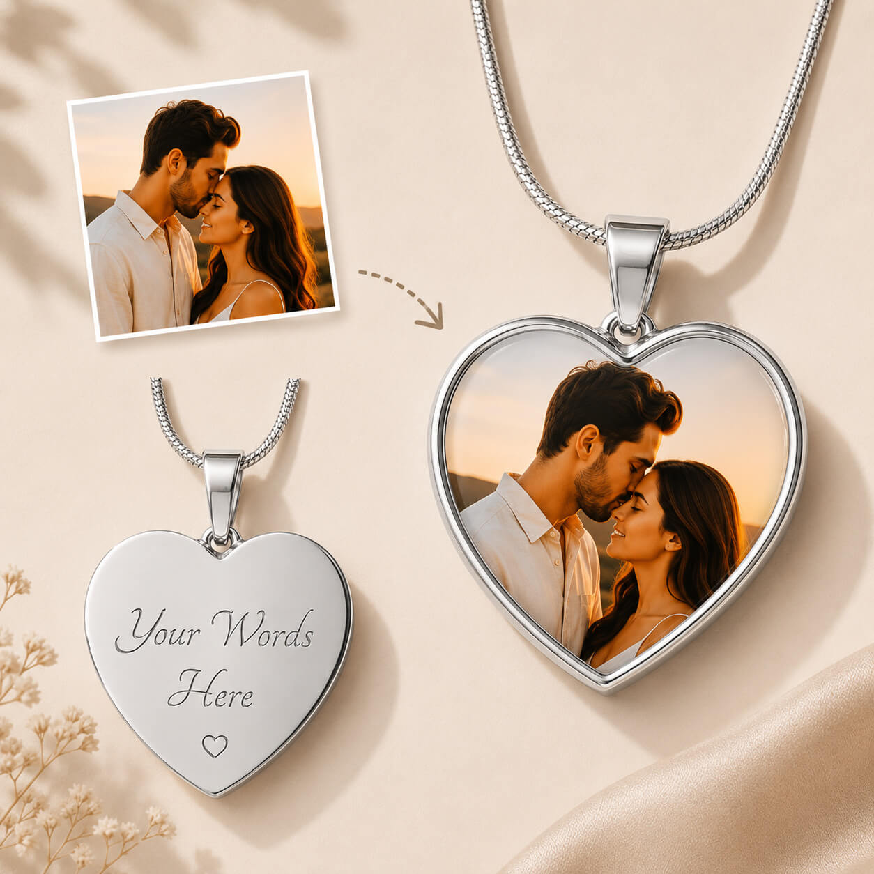 Silver personalized heart photo necklace with custom engraving and couple portrait