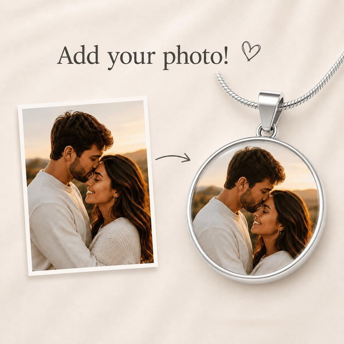 Silver personalized circle photo necklace with romantic couple portrait preview