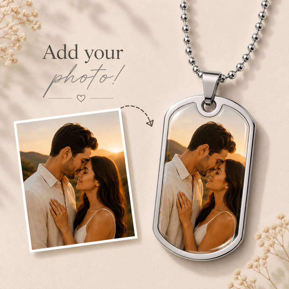 Silver personalized dog tag photo necklace with romantic couple portrait preview