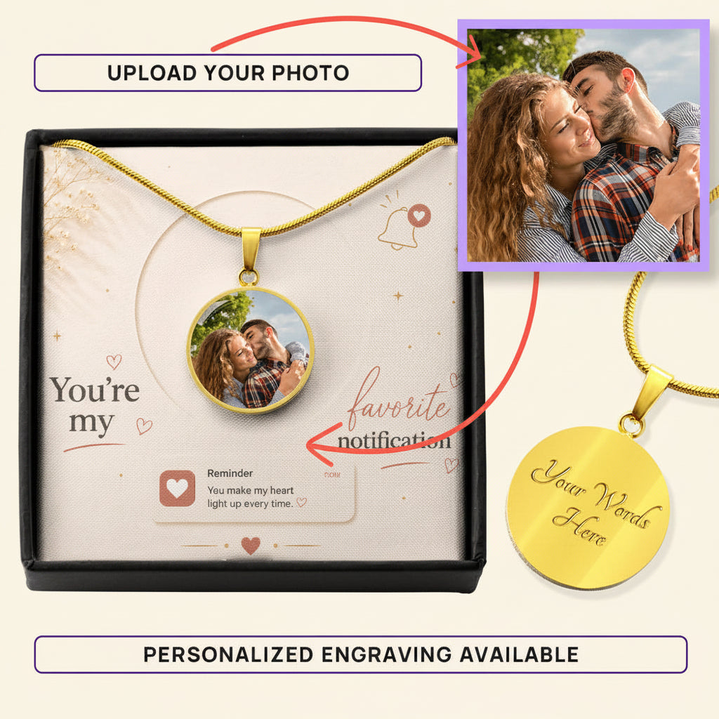 Personalized circle photo necklace in gold with custom engraving option