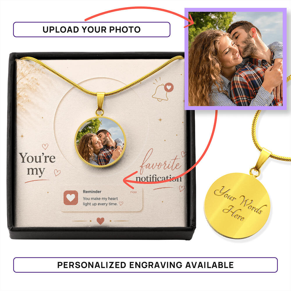 Personalized circle photo necklace in gold with custom engraving option