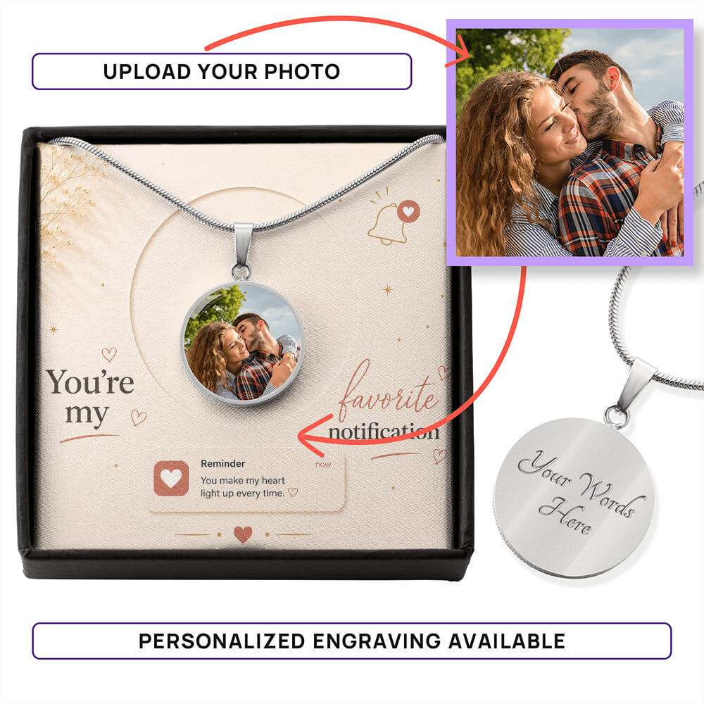 Personalized circle photo necklace in silver with custom engraving option